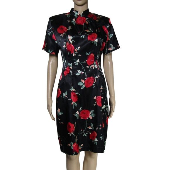 VTG 90s Asian Cheongsam Chinese Floral Dark Romantic Satin Wiggle Mod Dress S - Picture 1 of 12